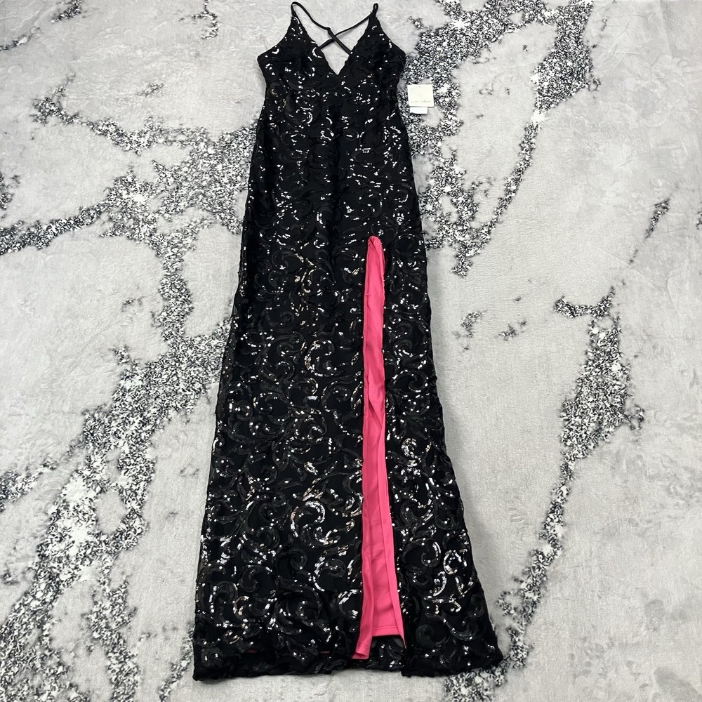 Pear Culture Size 0 Black Sequin Maxi Dress Pink Slit Formal Prom Evening NWT‎